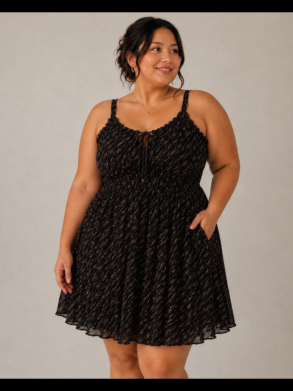 Plus Size Black Floral Smocked A-Line Dress